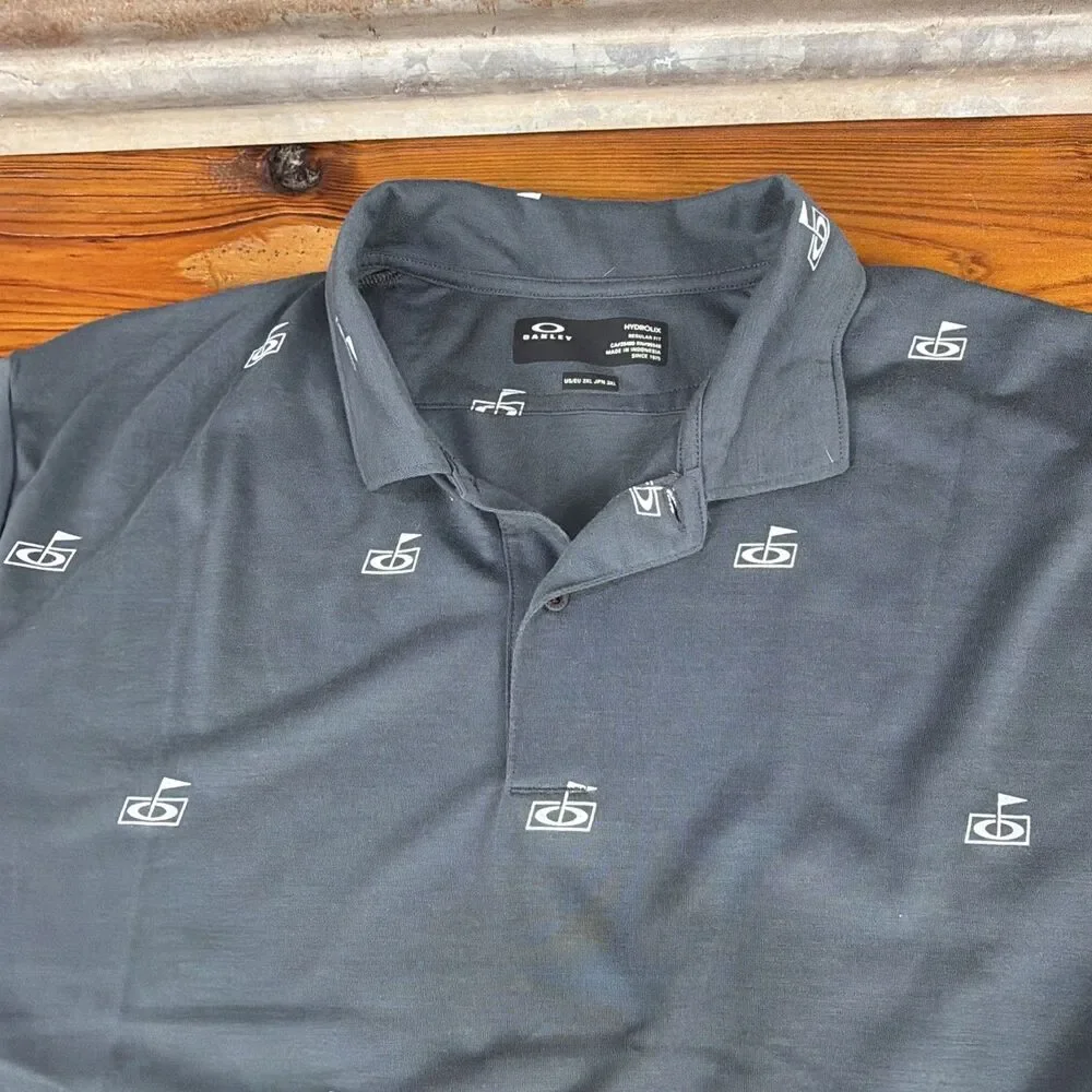 Oakley Hydrolix Golf Flag Print Gray Performance Stretch Polo Shirt Mens Sz XXL